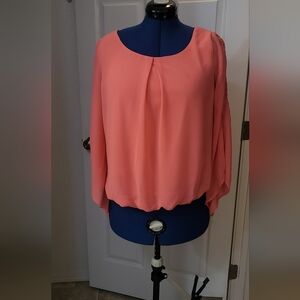 Coral chiffon feel blouse with lace sleeve details
